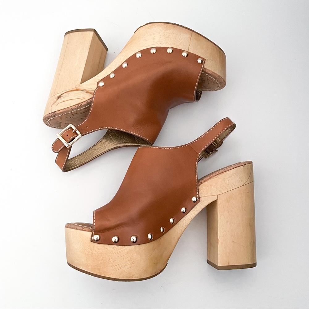 Sam Edelman Marley Leather Wooden Open Toe Studded Platform Clogs - Picture 6 of 9
